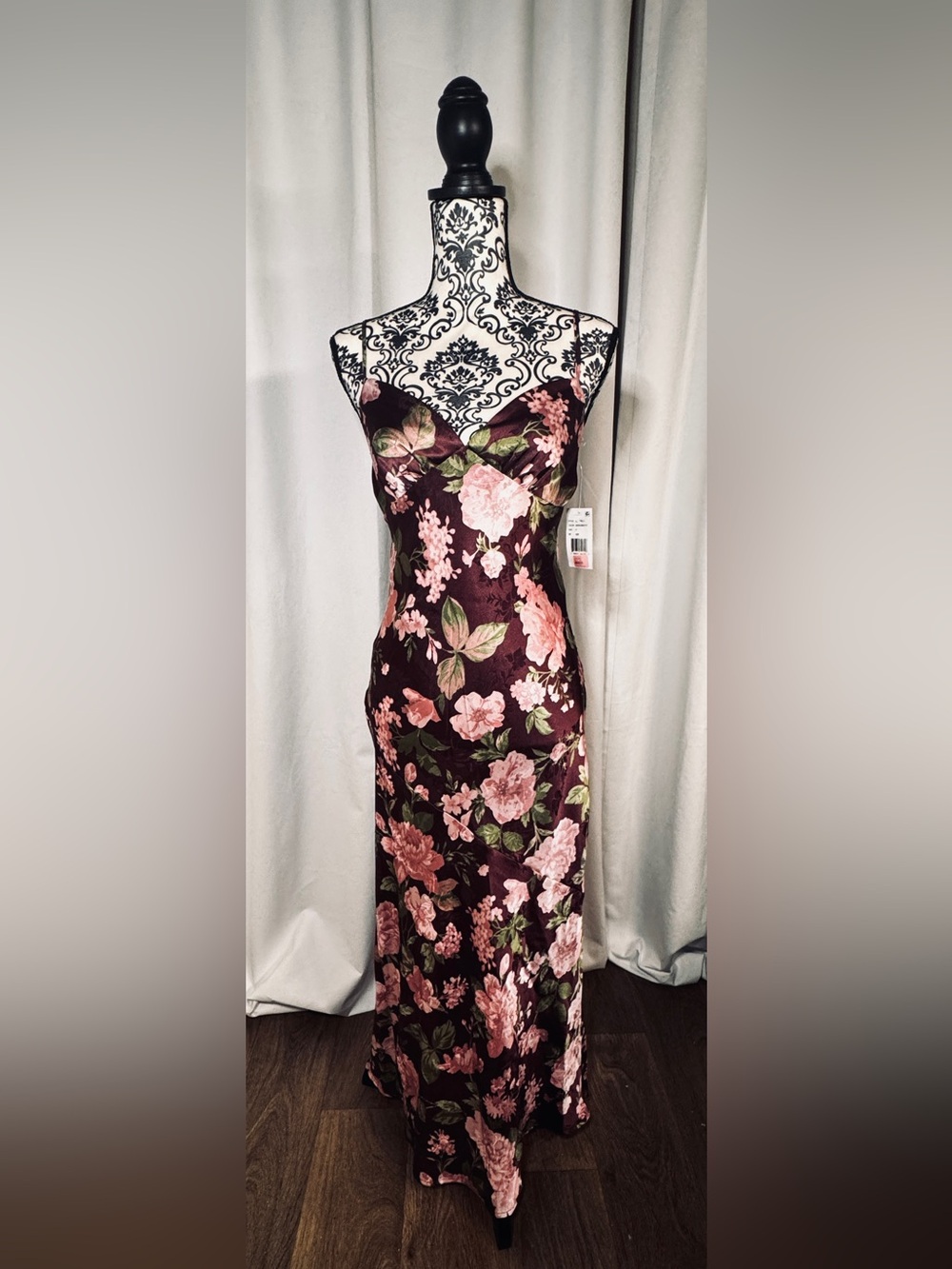 Floral Satin Midi Slip Dress - Burgundy with Pink Floral Print